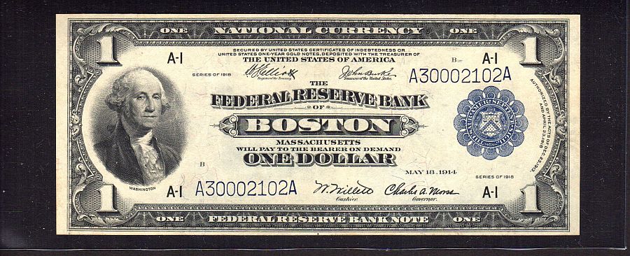 Fr.710, 1918 $1 Boston Federal Reserve Bank Note, A30002102A, VF/XF